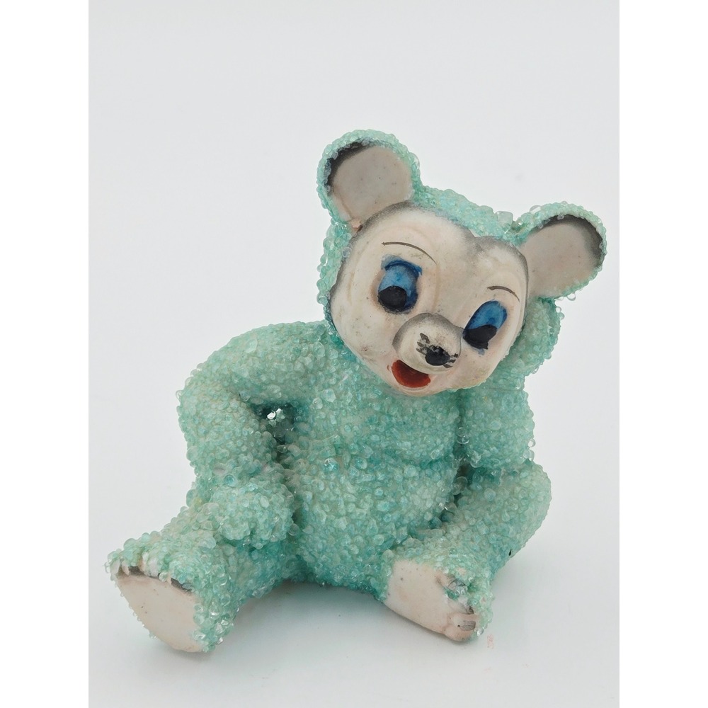 Vintage Aqua Blue Sugar Glazed Ceramic Bear Figurine Japan 1951 MCM Kitsch